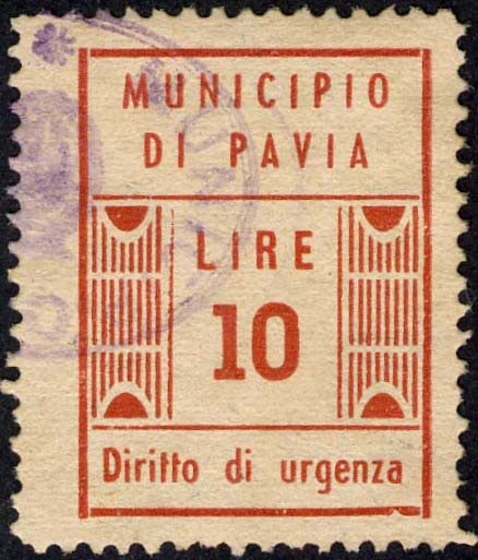 Marca da Bollo del Comune di PAVIA su Carta Bianca di dimensioni 21 x 28,5 mm