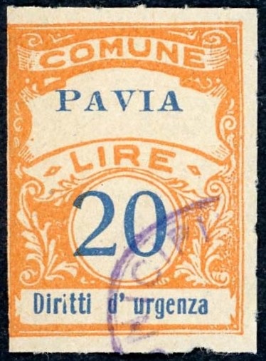Marca da Bollo del Comune di PAVIA su Carta Bianca di dimensioni 22,5 x 29 mm