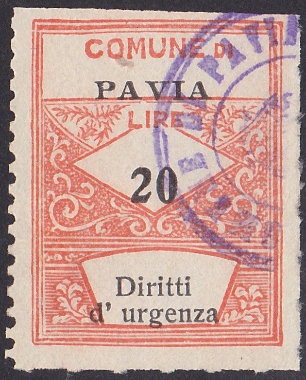 Marca da Bollo del Comune di PAVIA su Carta Bianca di dimensioni 21,5 x 28,5 mm
