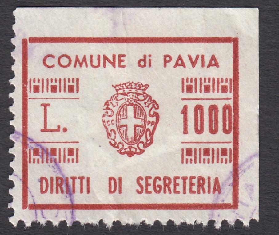 Marca da Bollo del Comune di PAVIA su Carta Bianca di dimensioni 28 x 21 mm