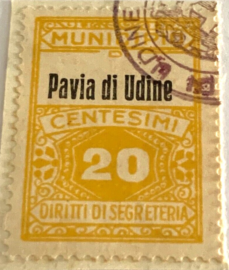 Marca da Bollo del Comune di PAVIA DI UDINE su Carta Bianca di dimensioni 22,5 x 32 mm