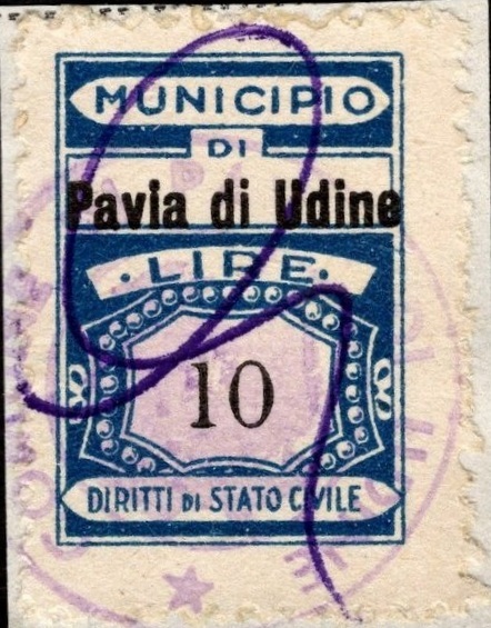 Marca da Bollo del Comune di PAVIA DI UDINE su Carta Bianca di dimensioni 22,5 x 32 mm
