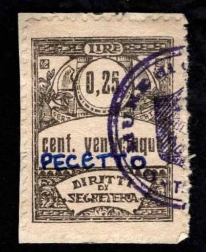 Marca da Bollo del Comune di PECETTO TORINESE su Carta Blu di dimensioni 22 x 29 mm