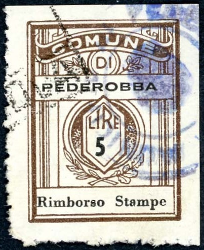 Marca da Bollo del Comune di PEDEROBBA su Carta Bianca Sottile di dimensioni 21 x 27,5 mm