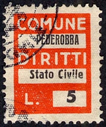 Marca da Bollo del Comune di PEDEROBBA su Carta Bianca di dimensioni 18,5 x 26 mm