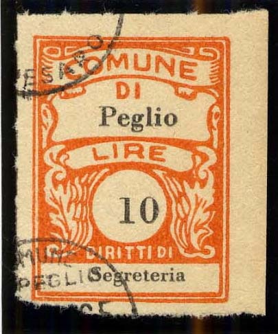 Marca da Bollo del Comune di PEGLIO MARCHE su Carta Bianca di dimensioni 22,5 x 29 mm