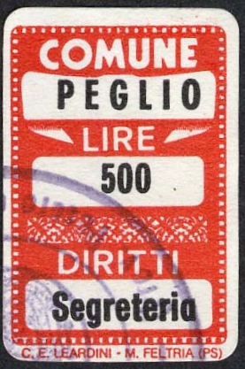 Marca da Bollo del Comune di PEGLIO MARCHE su Carta Bianca di dimensioni 16 x 25,5 mm