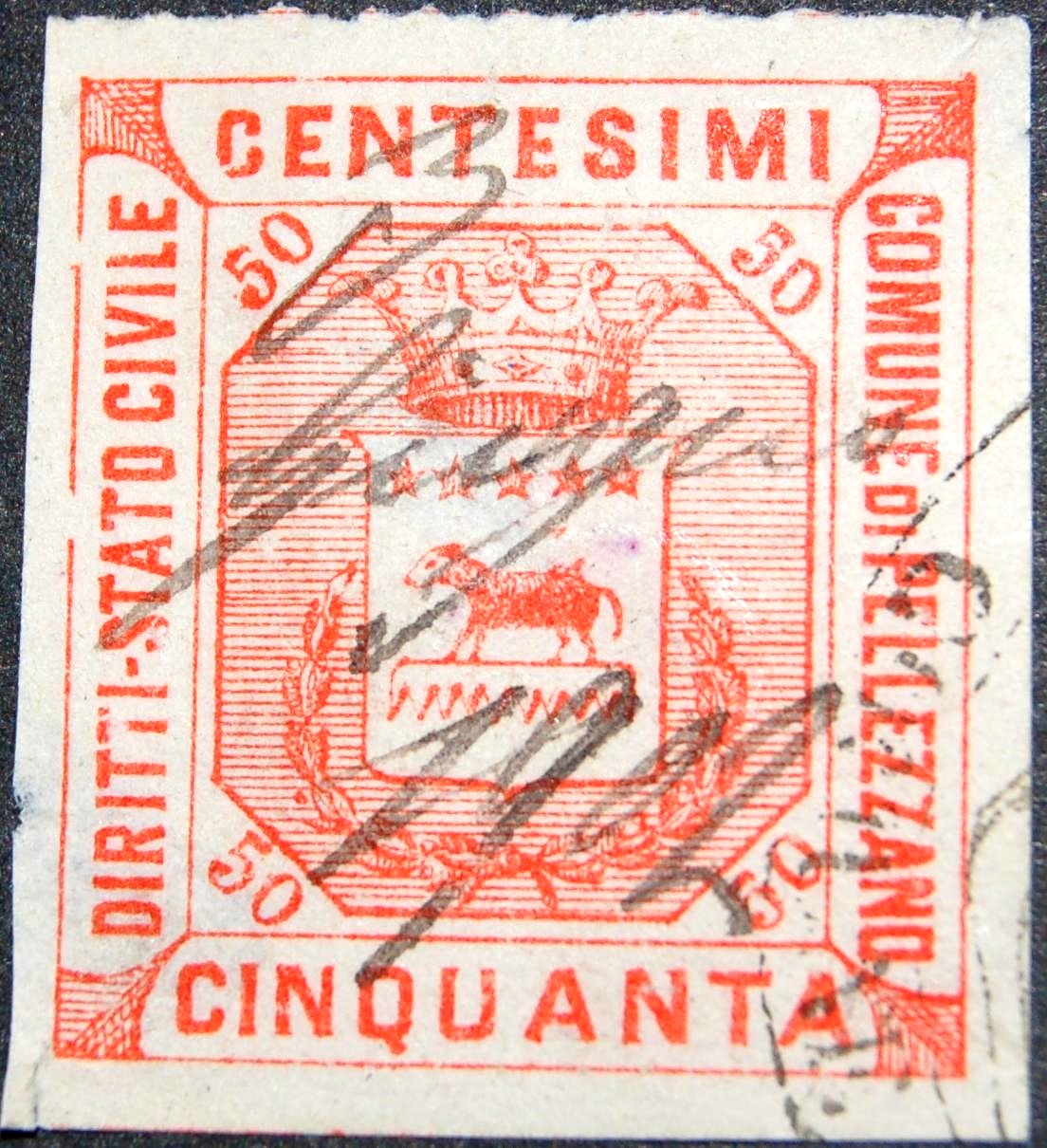 Marca da Bollo del Comune di PELLEZZANO su Carta Bianca Sottile di dimensioni 23 x 27 mm