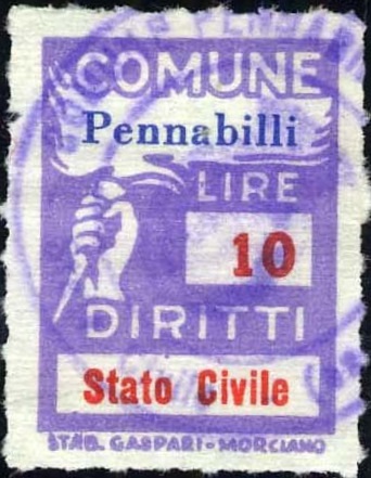 Marca da Bollo del Comune di PENNABILLI su Carta Bianca di dimensioni 18 X 25,5 mm