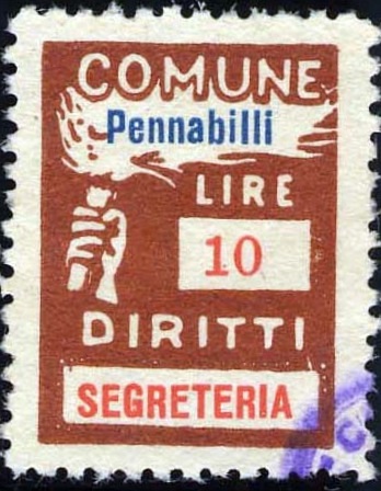 Marca da Bollo del Comune di PENNABILLI su Carta Bianca di dimensioni 18,5 x 26 mm