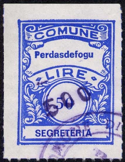 Marca da Bollo del Comune di PERDASDEFOGU su Carta Bianca Sottile di dimensioni 23 x 29,5 mm