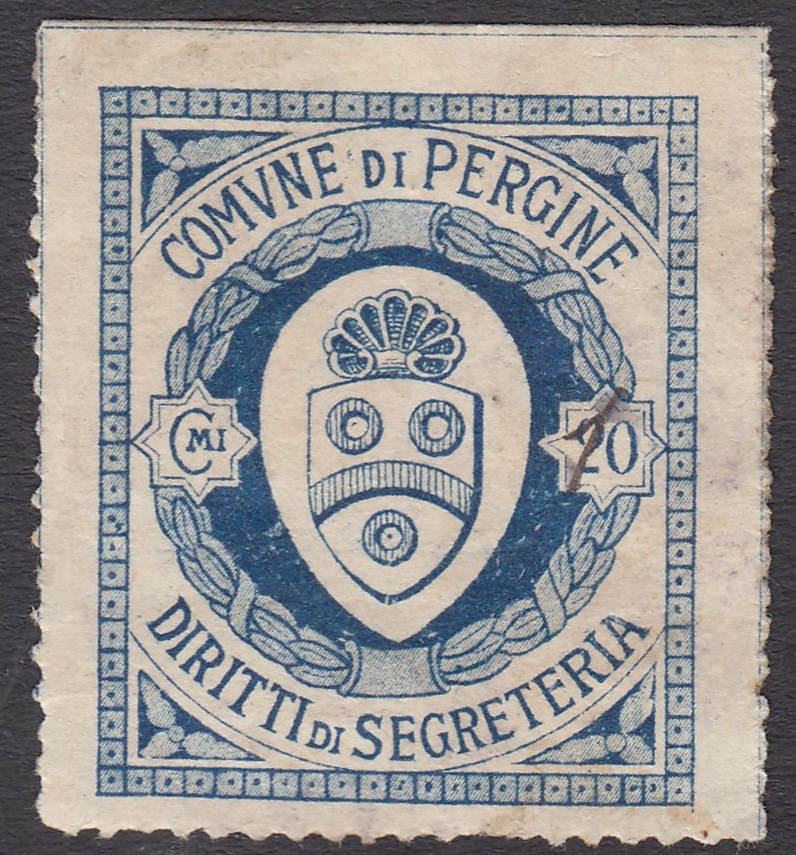 Marca da Bollo del Comune di PERGINE VALDARNO su Carta Bianca Sottile di dimensioni 24 x 29 mm