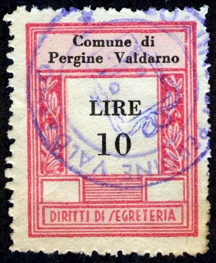 Marca da Bollo del Comune di PERGINE VALDARNO su Carta Bianca di dimensioni 23 X 30 mm