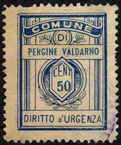 Marca da Bollo del Comune di PERGINE VALDARNO su Carta Bianca Sottile di dimensioni 21 x 27,5 mm