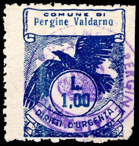 Marca da Bollo del Comune di PERGINE VALDARNO su Carta Bianca di dimensioni 22,5 X 28 mm
