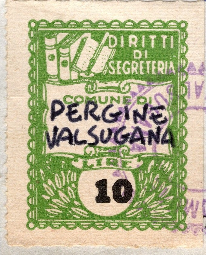 Marca da Bollo del Comune di PERGINE VALSUGANA su Carta Bianca di dimensioni 22 x 29 mm