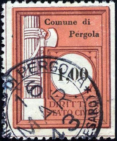 Marca da Bollo del Comune di PERGOLA su Carta Bianca di dimensioni 24 x 30 mm