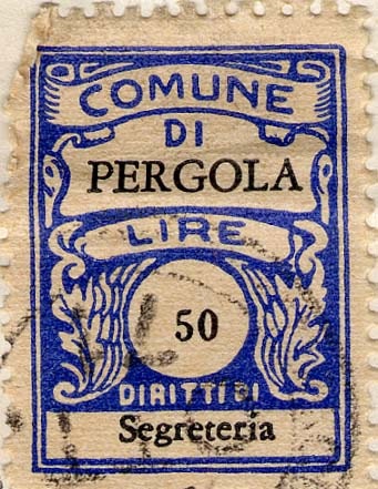 Marca da Bollo del Comune di PERGOLA su Carta Bianca Sottile di dimensioni 22,5 x 29 mm