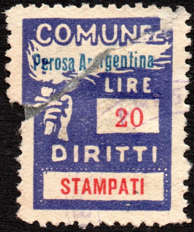 Marca da Bollo del Comune di PEROSA ARGENTINA su Carta Bianca di dimensioni 21 X 27 mm