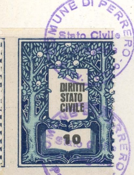 Marca da Bollo del Comune di PERRERO su Carta Bianca di dimensioni 22 x 28,5 mm