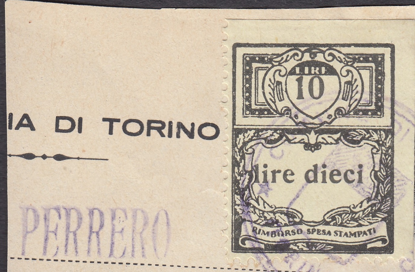 Marca da Bollo del Comune di PERRERO su Carta Colorata di dimensioni 22 x 28,5 mm