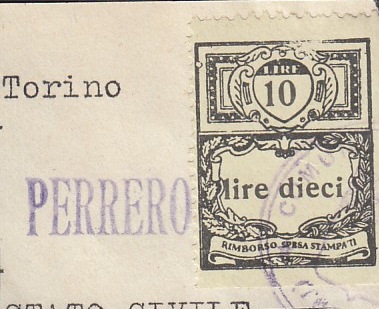 Marca da Bollo del Comune di PERRERO su Carta Bianca di dimensioni 23 x 29 mm