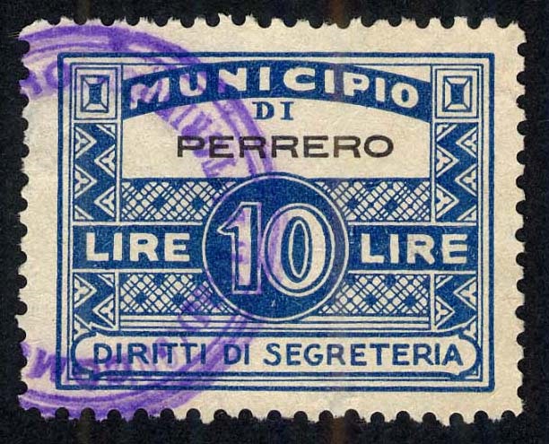 Marca da Bollo del Comune di PERRERO su Carta Bianca di dimensioni 28 x 25 mm
