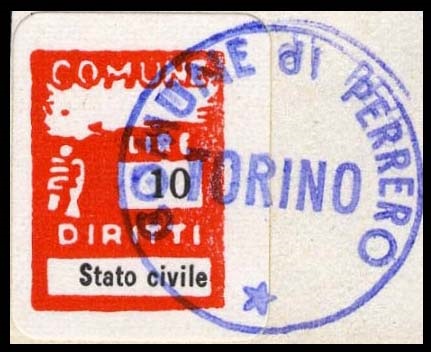 Marca da Bollo del Comune di PERRERO su Carta Bianca di dimensioni 13 x 17,5 mm