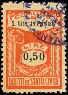 Marca da Bollo del Comune di SAN GIOVANNI IN PERSICETO su Carta Bianca Sottile di dimensioni 20 x 33 mm