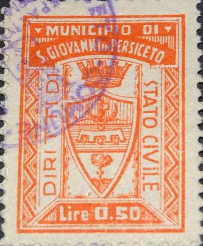Marca da Bollo del Comune di SAN GIOVANNI IN PERSICETO su Carta Bianca Sottile di dimensioni 22,5 X 33 mm
