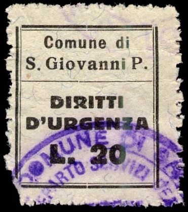 Marca da Bollo del Comune di SAN GIOVANNI IN PERSICETO su Carta Bianca di dimensioni 20 x 22 mm