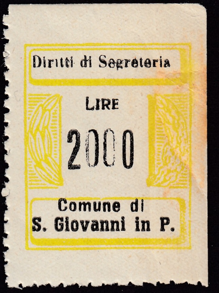 Marca da Bollo del Comune di SAN GIOVANNI IN PERSICETO su Carta Bianca di dimensioni 21 x 26 mm