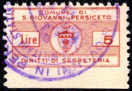 Marca da Bollo del Comune di SAN GIOVANNI IN PERSICETO su Carta Bianca di dimensioni 24,5 x 13 mm