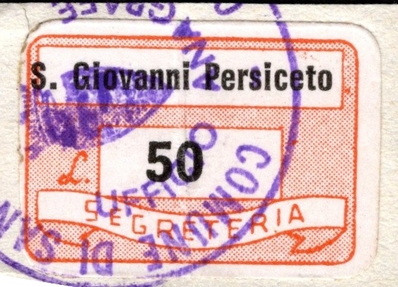 Marca da Bollo del Comune di SAN GIOVANNI IN PERSICETO su Carta Bianca di dimensioni 20 x 14 mm