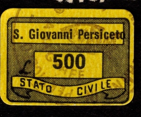 Marca da Bollo del Comune di SAN GIOVANNI IN PERSICETO su Carta Colorata di dimensioni 20 x 14 mm