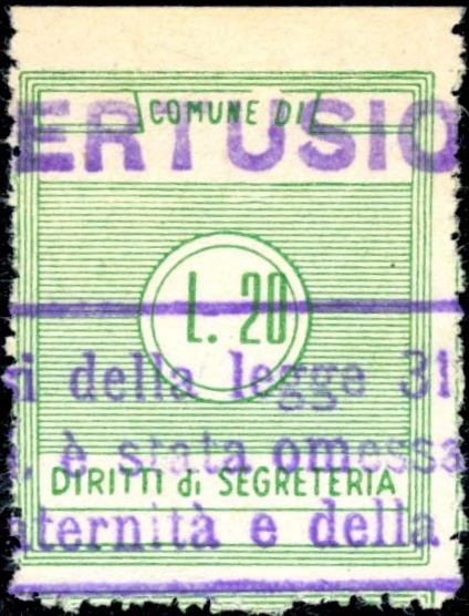Marca da Bollo del Comune di PERTUSIO su Carta Bianca di dimensioni 24 x 29,5 mm