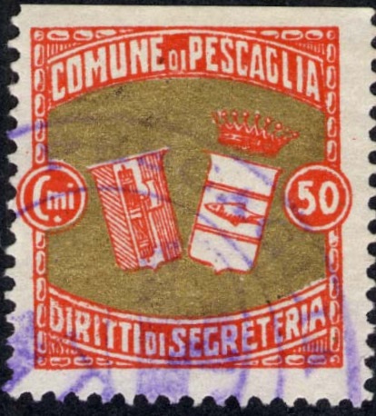 Marca da Bollo del Comune di PESCAGLIA su Carta Bianca Sottile di dimensioni 25,5 x 25,5 mm