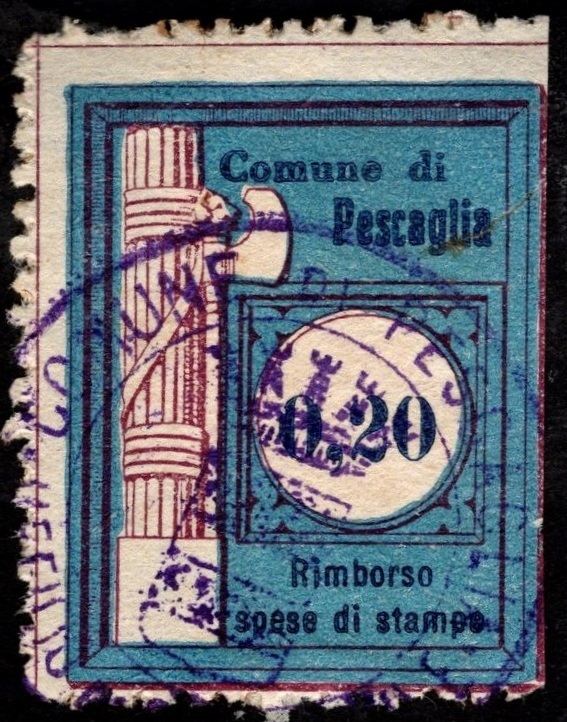Marca da Bollo del Comune di PESCAGLIA su Carta Bianca di dimensioni 22 x 29 mm