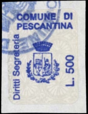 Marca da Bollo del Comune di PESCANTINA su Carta Bianca Sottile di dimensioni 17,5 x 21,5 mm