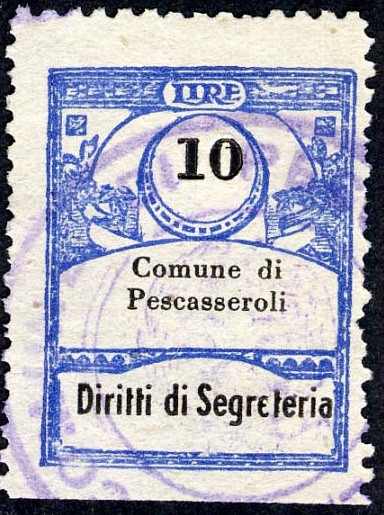 Marca da Bollo del Comune di PESCASSEROLI su Carta Bianca di dimensioni 21,5 x 28,5 mm