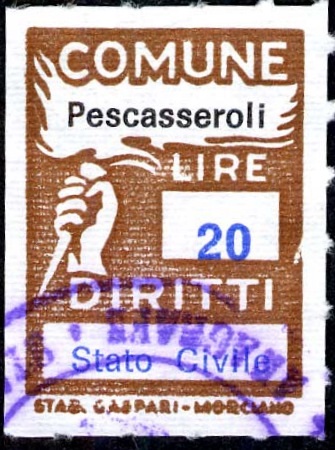 Marca da Bollo del Comune di PESCASSEROLI su Carta Bianca Sottile di dimensioni 18,5 x 26 mm
