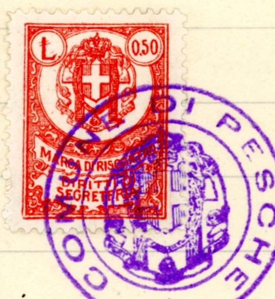 Marca da Bollo del Comune di PESCHE su Carta Bianca Sottile di dimensioni 26 x 36 mm