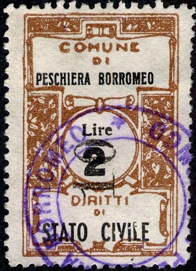 Marca da Bollo del Comune di PESCHIERA BORROMEO su Carta Bianca Sottile di dimensioni 22 x 30,5 mm