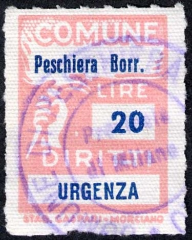 Marca da Bollo del Comune di PESCHIERA BORROMEO su Carta Bianca di dimensioni 18,5 x 26 mm