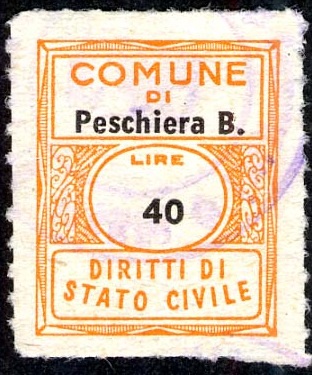 Marca da Bollo del Comune di PESCHIERA BORROMEO su Carta Bianca di dimensioni 17 x 20,5 mm