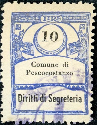 Marca da Bollo del Comune di PESCOCOSTANZO su Carta Bianca di dimensioni 21,5 x 28,5 mm