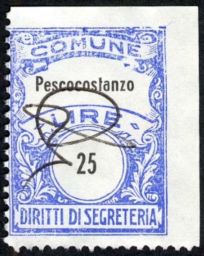 Marca da Bollo del Comune di PESCOCOSTANZO su Carta Bianca di dimensioni 22,5 x 29 mm