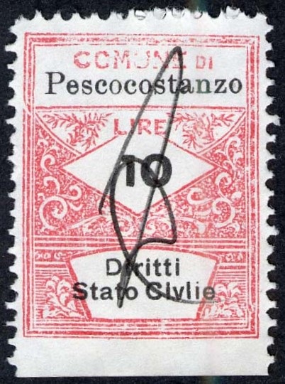Marca da Bollo del Comune di PESCOCOSTANZO su Carta Bianca di dimensioni 22 x 28 mm