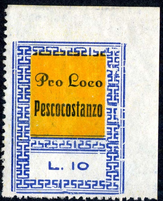Marca da Bollo del Comune di PESCOCOSTANZO su Carta Bianca di dimensioni 26,5 x 35,5 mm