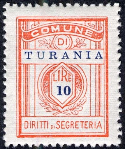 Marca da Bollo del Comune di TURANIA su Carta Bianca Sottile di dimensioni 21 x 27,5 mm